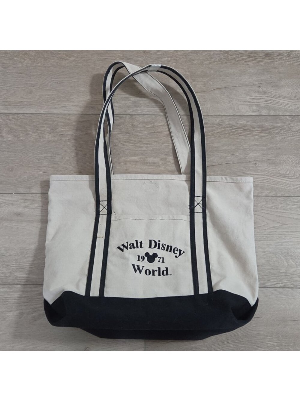 Disney World Parks 1971 XL Beige & Black Embroidered Canvas Tote Bag with Pocket